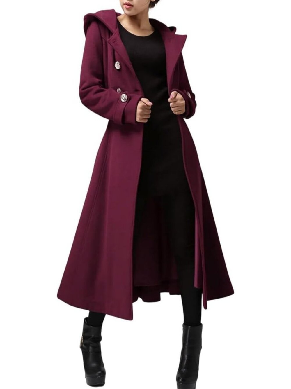 Chic Women's Long Hooded Wool Trench Coat - Double-Breasted Winter Outerwear
